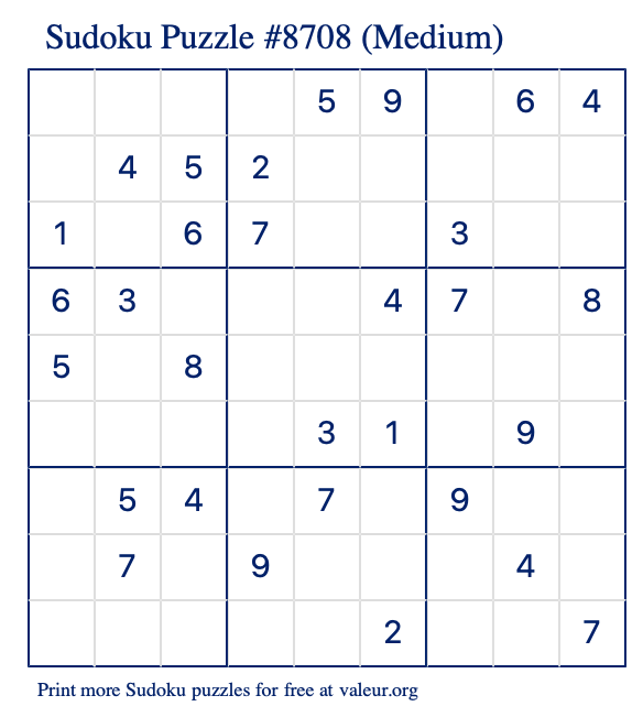 Free Printable Medium Sudoku Puzzle number 8708