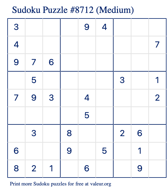 Free Printable Medium Sudoku Puzzle number 8712