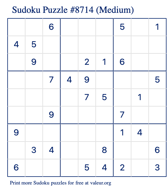 Free Printable Medium Sudoku Puzzle number 8714