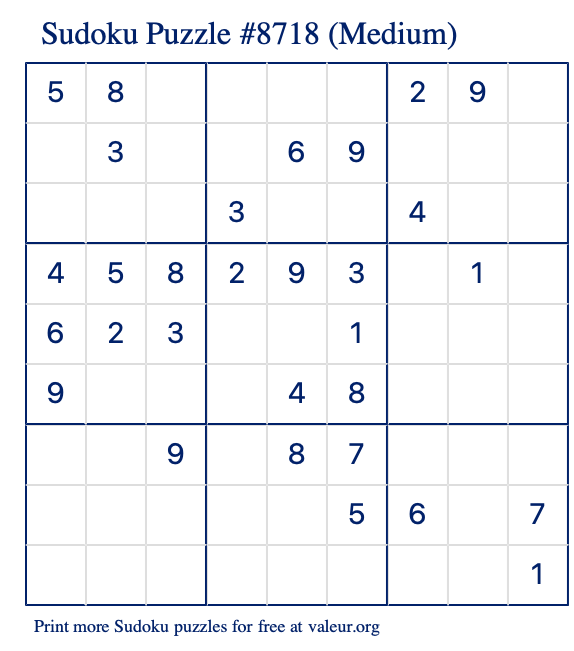 Free Printable Medium Sudoku Puzzle number 8718