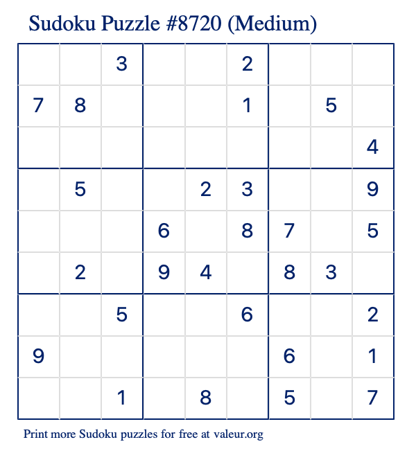 Free Printable Medium Sudoku Puzzle number 8720