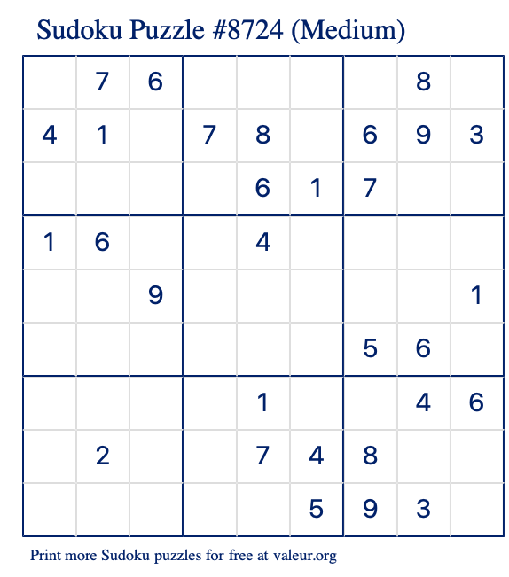 Free Printable Medium Sudoku Puzzle number 8724