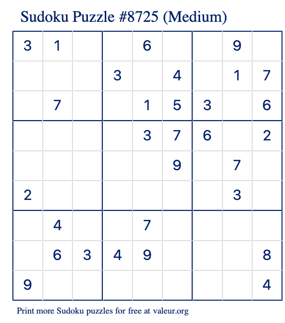 Free Printable Medium Sudoku Puzzle number 8725