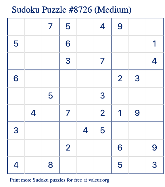 Free Printable Medium Sudoku Puzzle number 8726