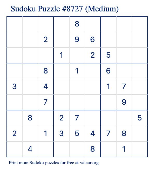 Free Printable Medium Sudoku Puzzle number 8727