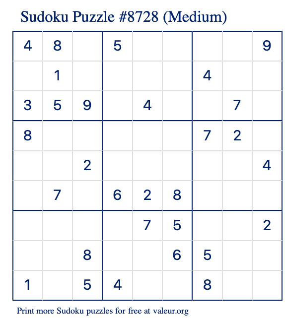 Free Printable Medium Sudoku Puzzle number 8728