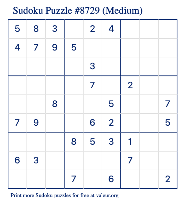Free Printable Medium Sudoku Puzzle number 8729