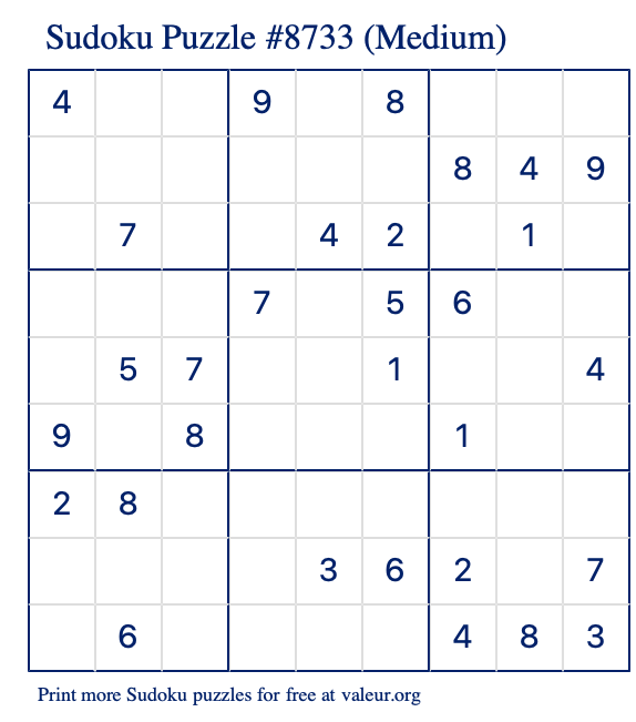 Free Printable Medium Sudoku Puzzle number 8733
