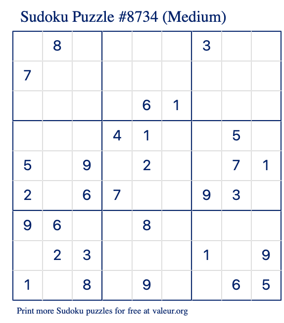 Free Printable Medium Sudoku Puzzle number 8734