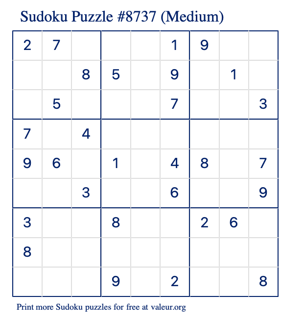 Free Printable Medium Sudoku Puzzle number 8737