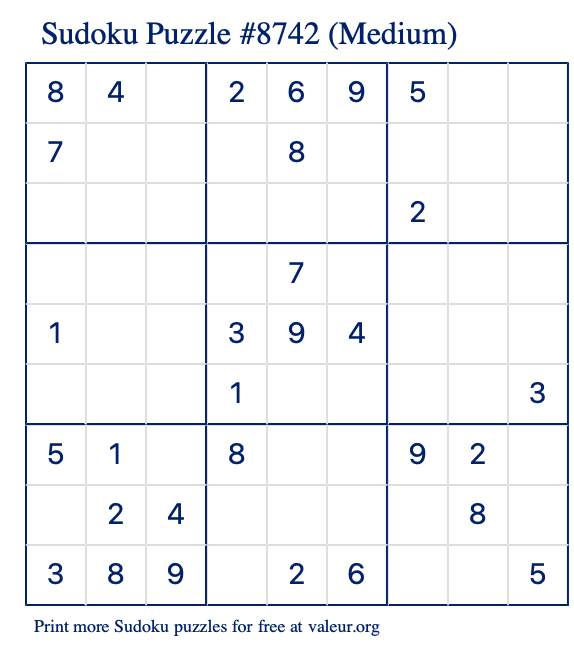 Free Printable Medium Sudoku Puzzle number 8742