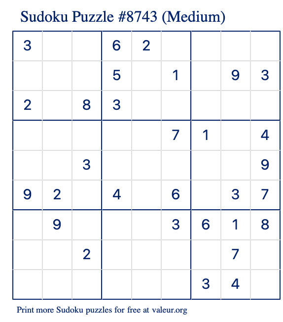 Free Printable Medium Sudoku Puzzle number 8743