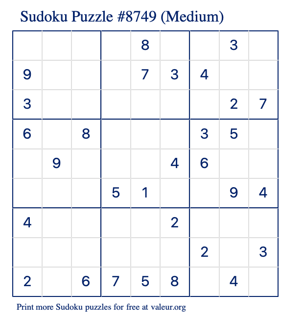 Free Printable Medium Sudoku Puzzle number 8749