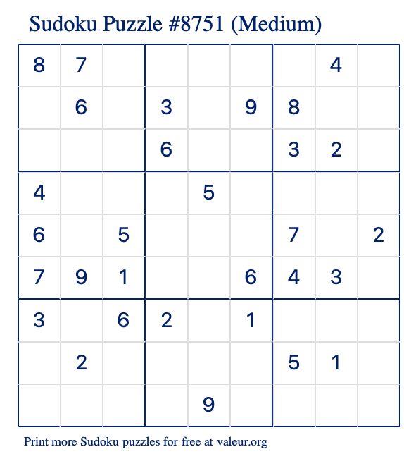 Free Printable Medium Sudoku Puzzle number 8751