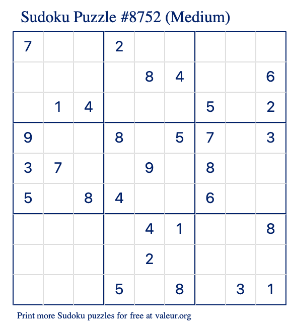 Free Printable Medium Sudoku Puzzle number 8752