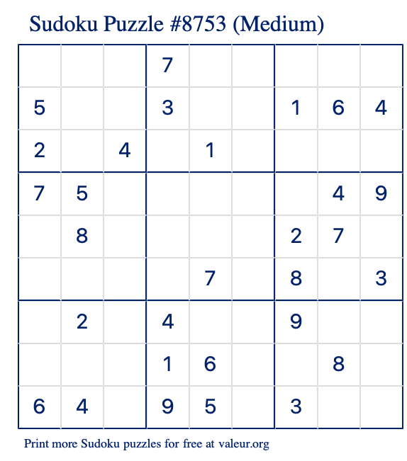 Free Printable Medium Sudoku Puzzle number 8753