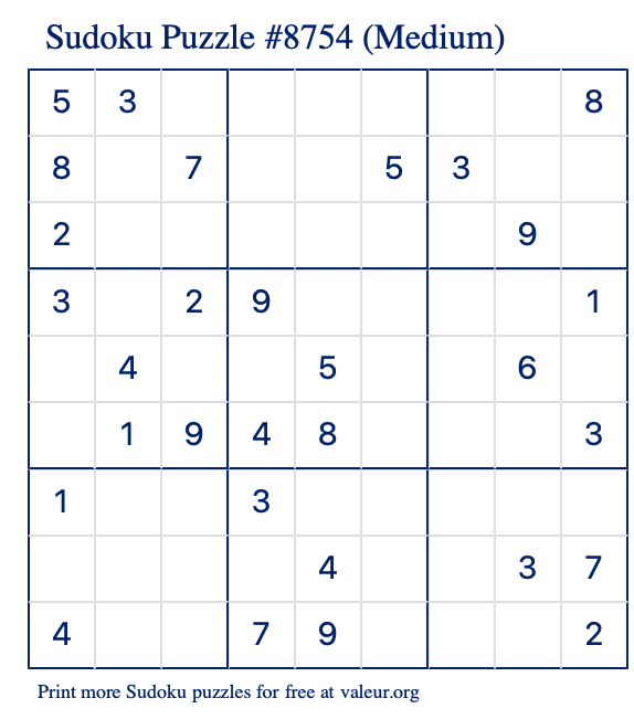 Free Printable Medium Sudoku Puzzle number 8754