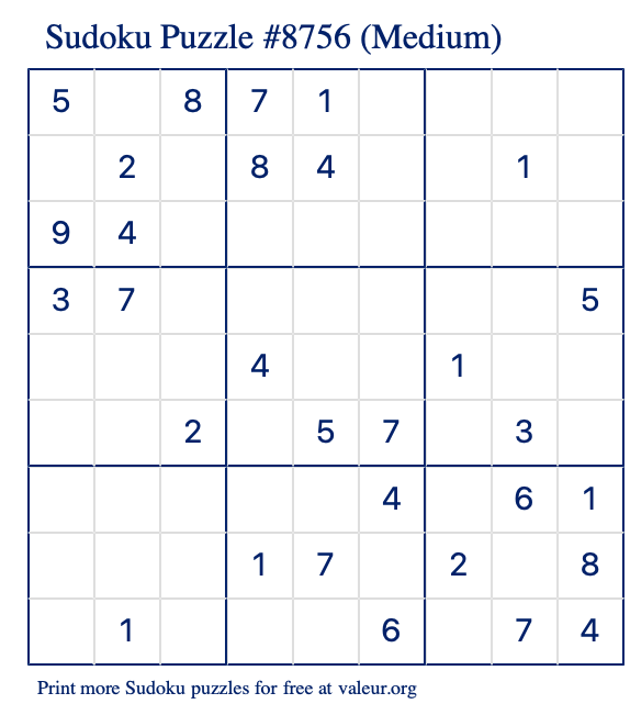 Free Printable Medium Sudoku Puzzle number 8756