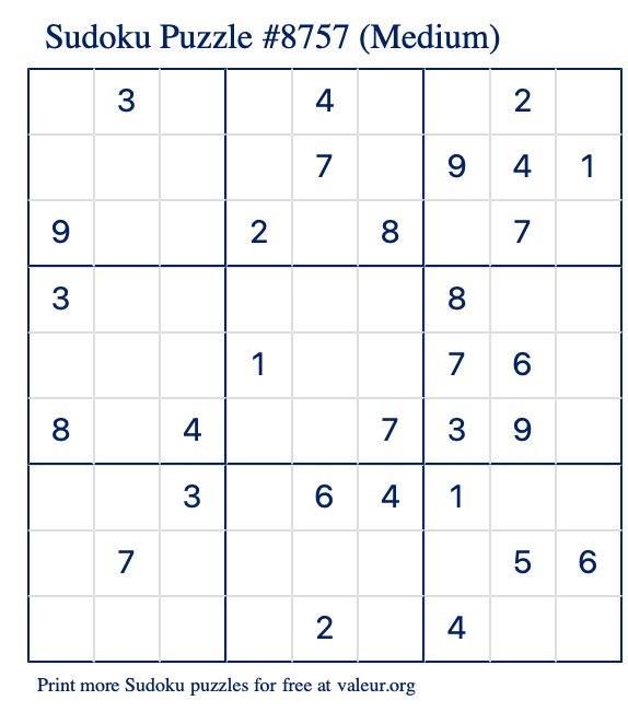 Free Printable Medium Sudoku Puzzle number 8757