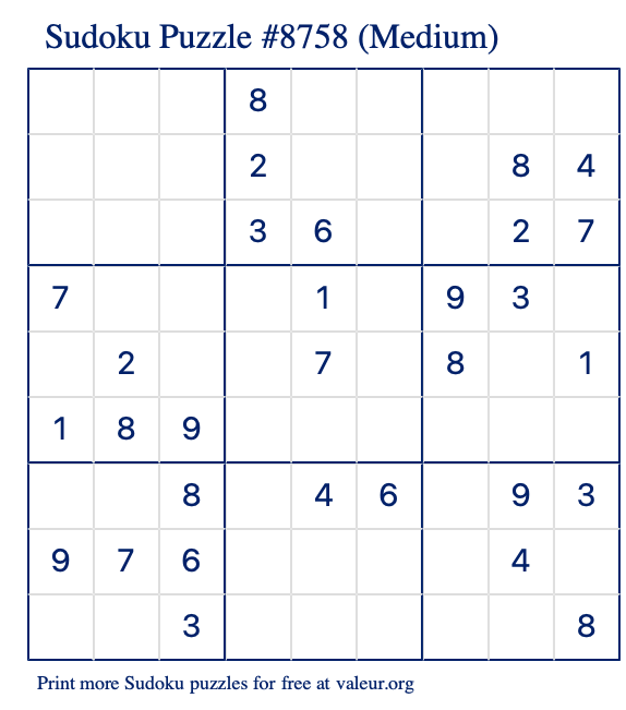 Free Printable Medium Sudoku Puzzle number 8758