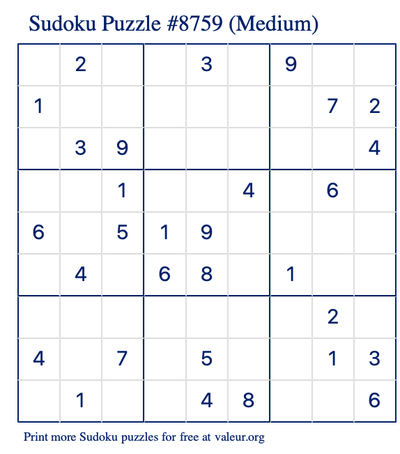 Free Printable Medium Sudoku Puzzle number 8759