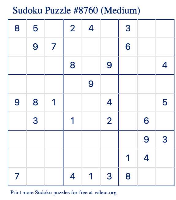 Free Printable Medium Sudoku Puzzle number 8760