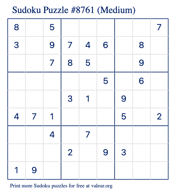 Free Printable Medium Sudoku Puzzle number 8761