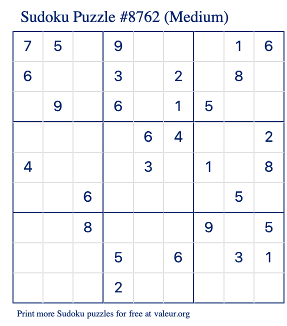 Free Printable Medium Sudoku Puzzle number 8762