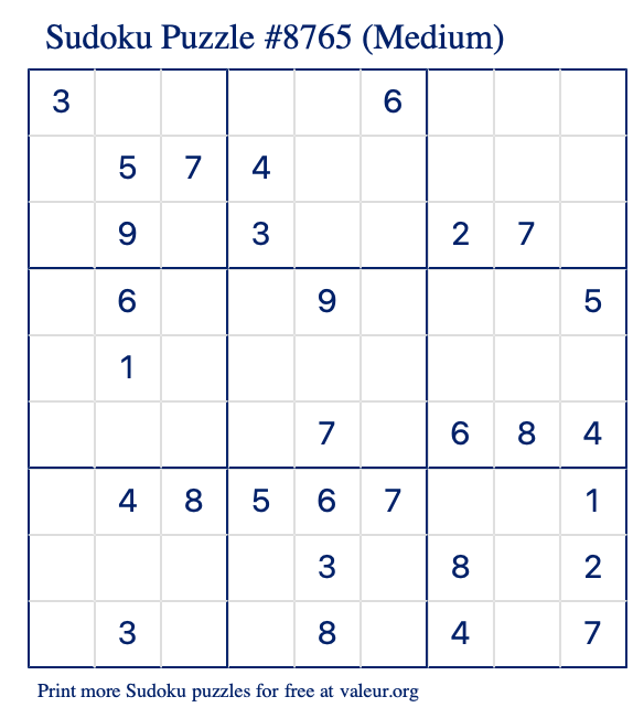 Free Printable Medium Sudoku Puzzle number 8765