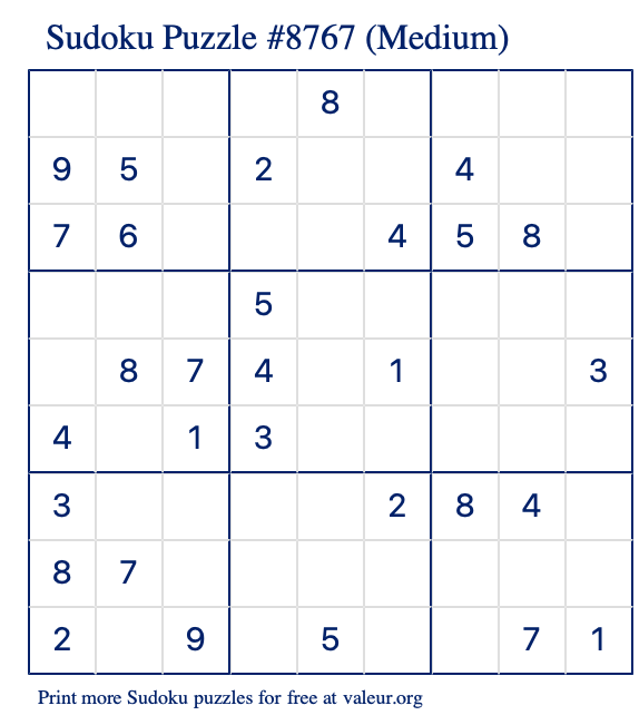Free Printable Medium Sudoku Puzzle number 8767