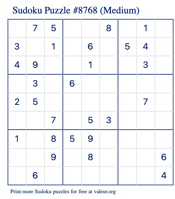 Free Printable Medium Sudoku Puzzle number 8768
