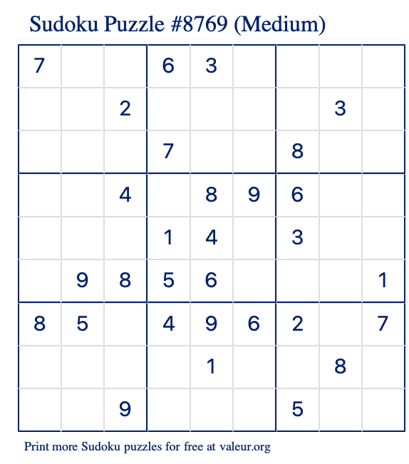 Free Printable Medium Sudoku Puzzle number 8769