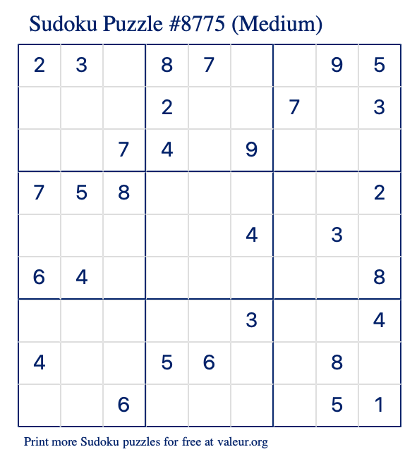 Free Printable Medium Sudoku Puzzle number 8775