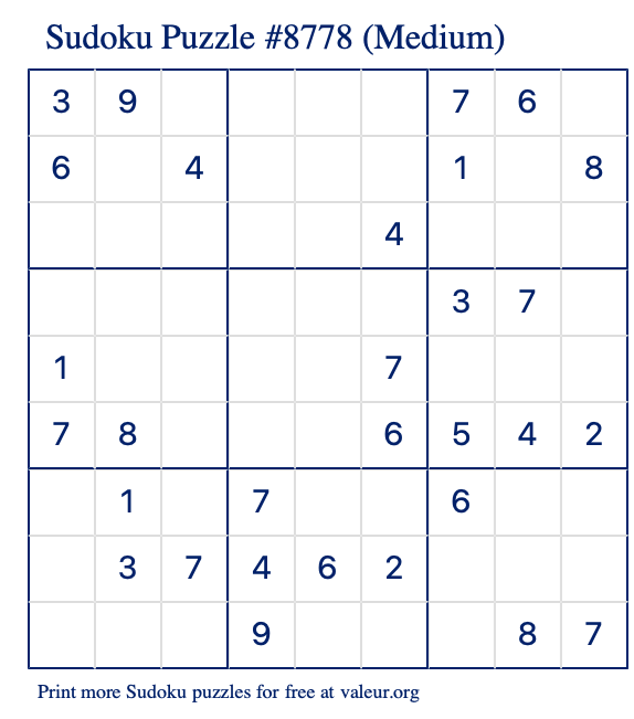 Free Printable Medium Sudoku Puzzle number 8778