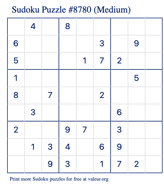 Free Printable Medium Sudoku Puzzle number 8780