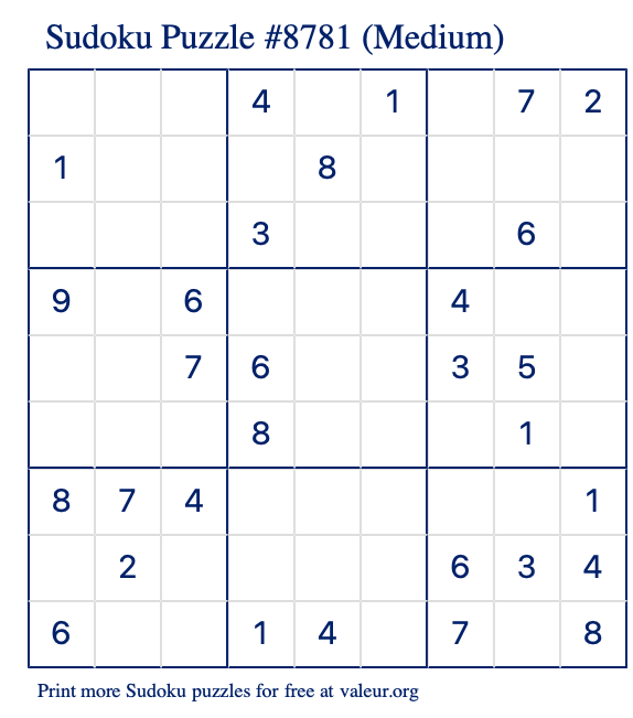 Free Printable Medium Sudoku Puzzle number 8781