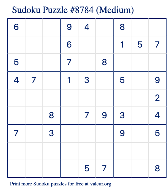 Free Printable Medium Sudoku Puzzle number 8784