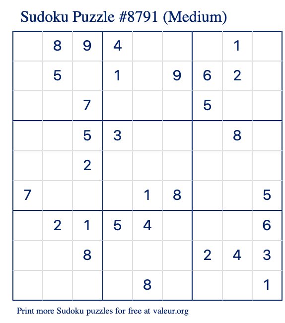 Free Printable Medium Sudoku Puzzle number 8791