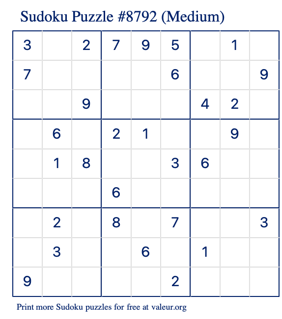 Free Printable Medium Sudoku Puzzle number 8792
