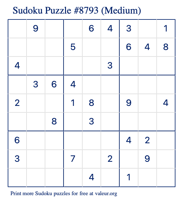 Free Printable Medium Sudoku Puzzle number 8793