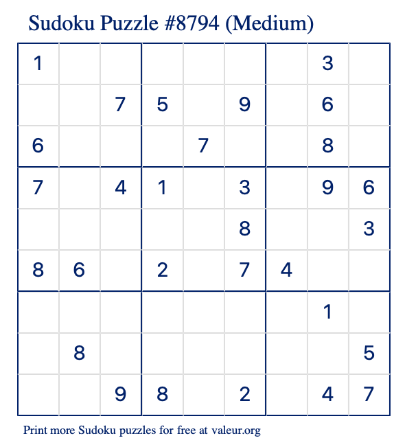 Free Printable Medium Sudoku Puzzle number 8794