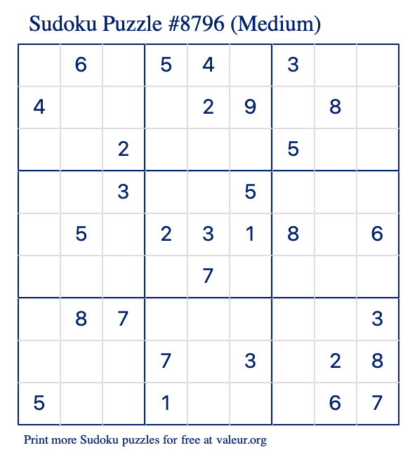 Free Printable Medium Sudoku Puzzle number 8796