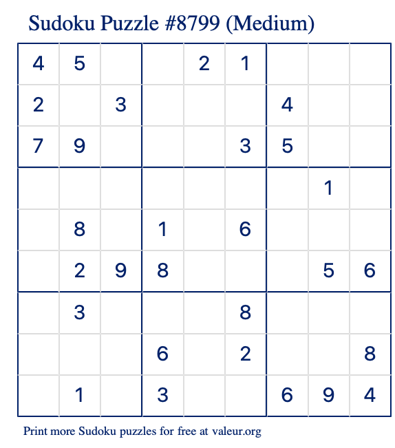 Free Printable Medium Sudoku Puzzle number 8799