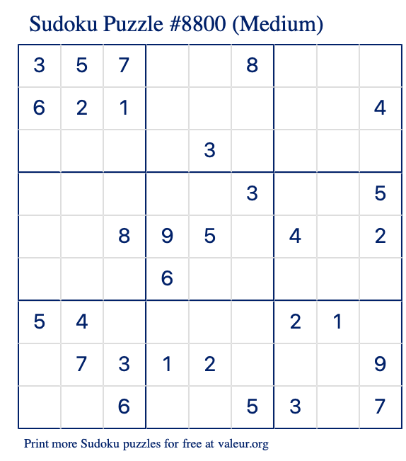 Free Printable Medium Sudoku Puzzle number 8800