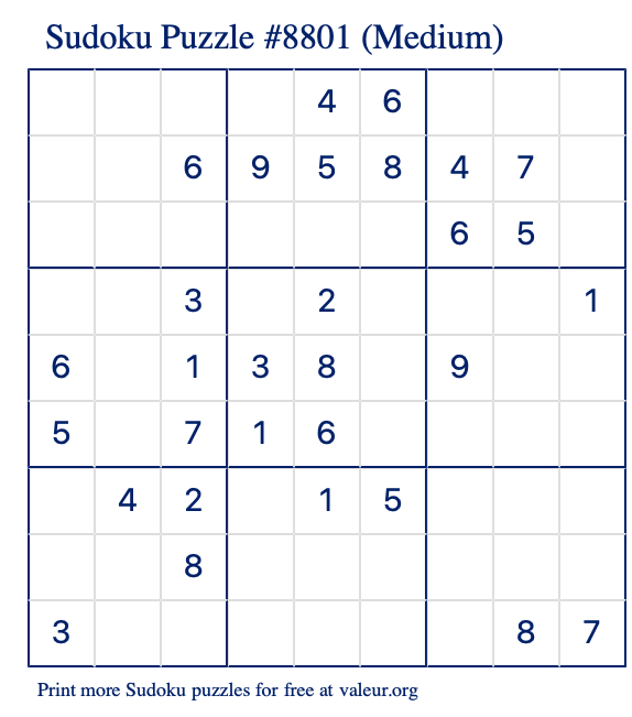 Free Printable Medium Sudoku Puzzle number 8801