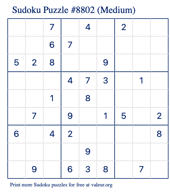 Free Printable Medium Sudoku Puzzle number 8802