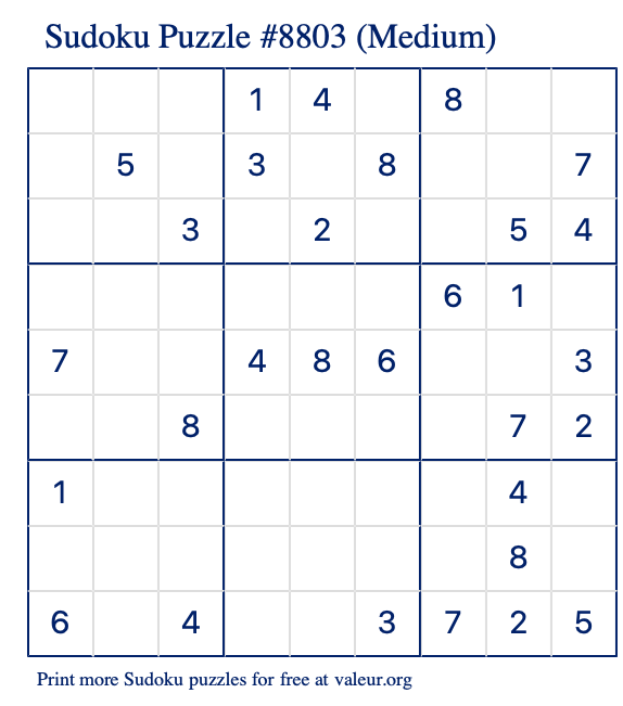Free Printable Medium Sudoku Puzzle number 8803