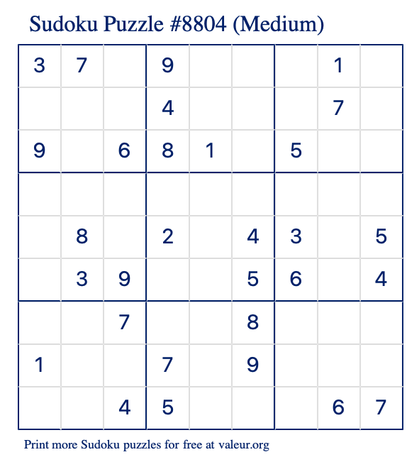 Free Printable Medium Sudoku Puzzle number 8804