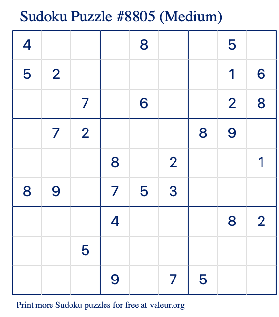 Free Printable Medium Sudoku Puzzle number 8805