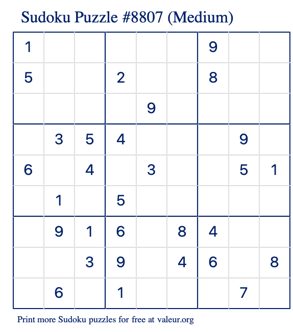 Free Printable Medium Sudoku Puzzle number 8807